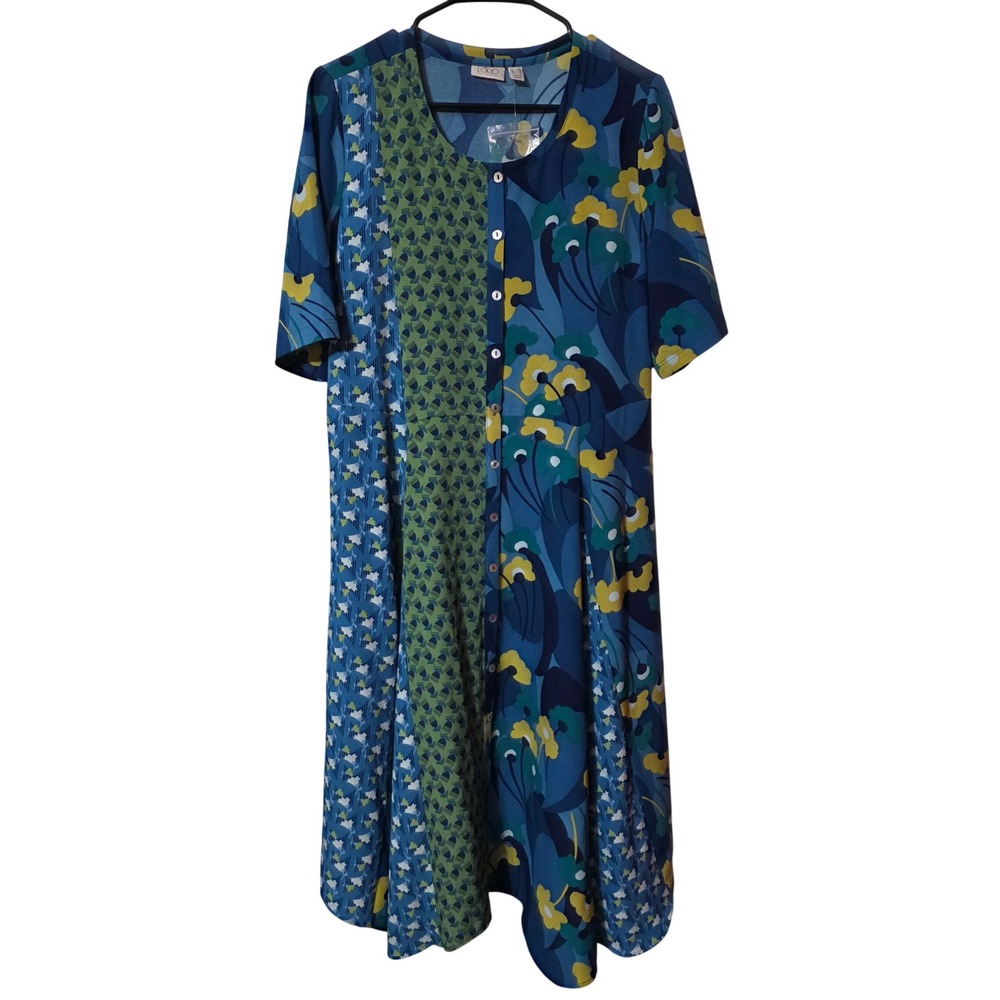 LOGO Lori Goldstein Womens Small Midi Dress Blue Floral Mixed Print Boho Mod